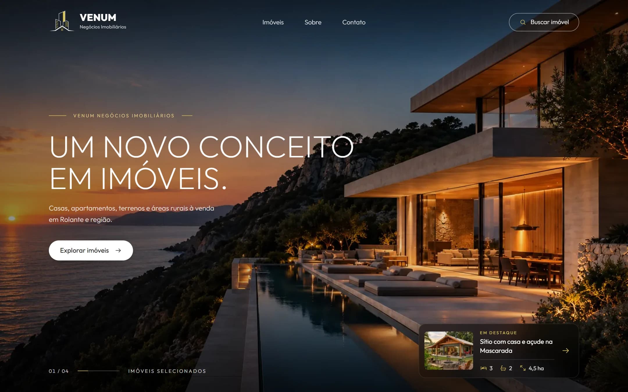 Página inicial do site da Venum Negócios Imobiliários, com a chamada “Um novo conceito em imóveis” sobre a foto de uma casa ao entardecer.